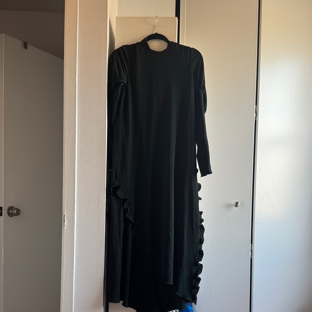 Tibi Dark Green Long Sleeve Dress with Ruffles